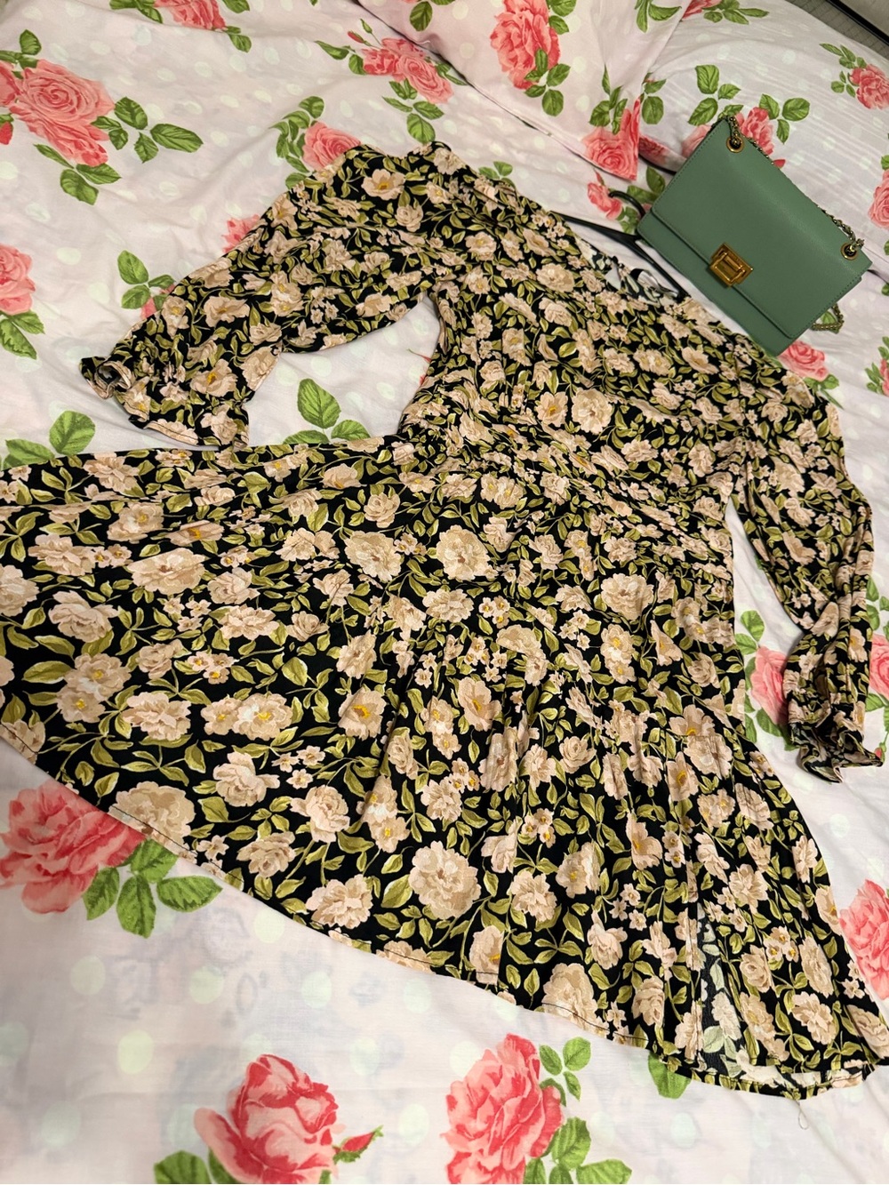 Zara Black Long Sleeve Floral Tiered Dress with Cream Roses